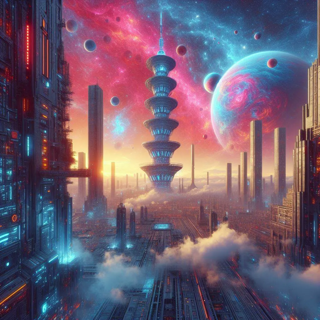 赛博朋克风格类似西安大雁塔科幻场景