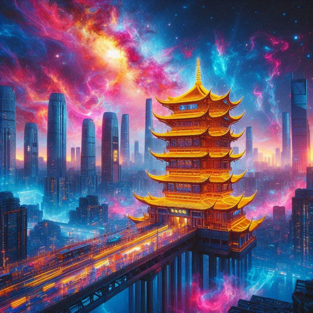 赛博朋克风格黄鹤楼科幻场景古今混搭