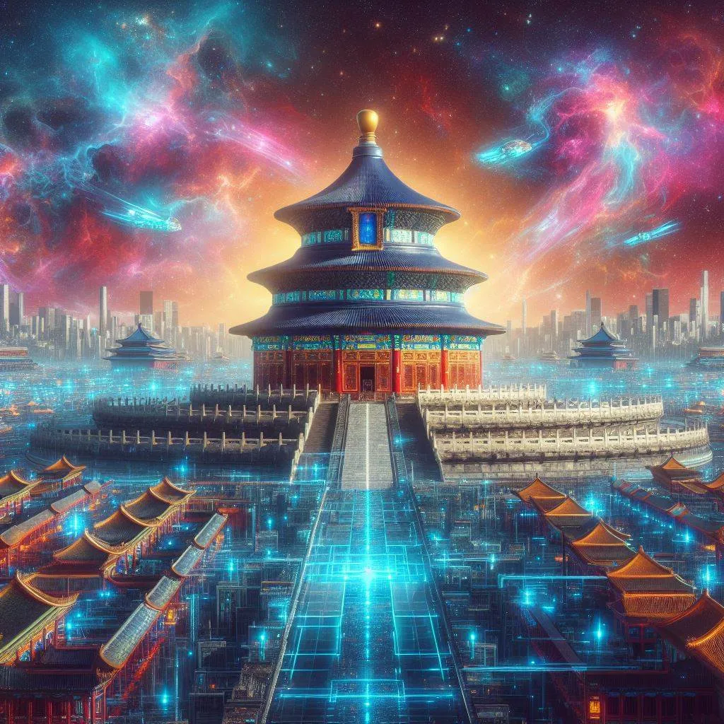 赛博朋克风格天坛科幻场景古今混搭