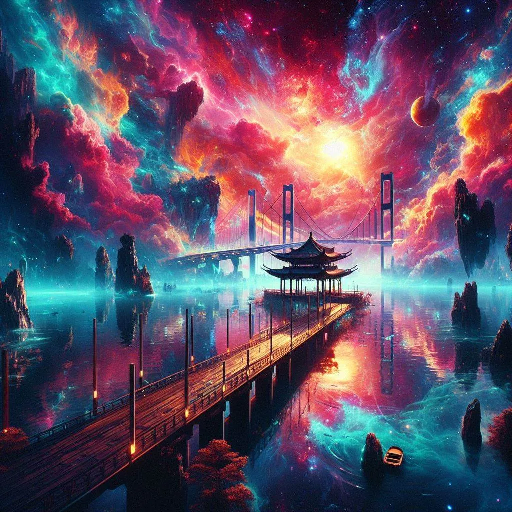 赛博朋克西湖科幻美景古今混搭科幻场景