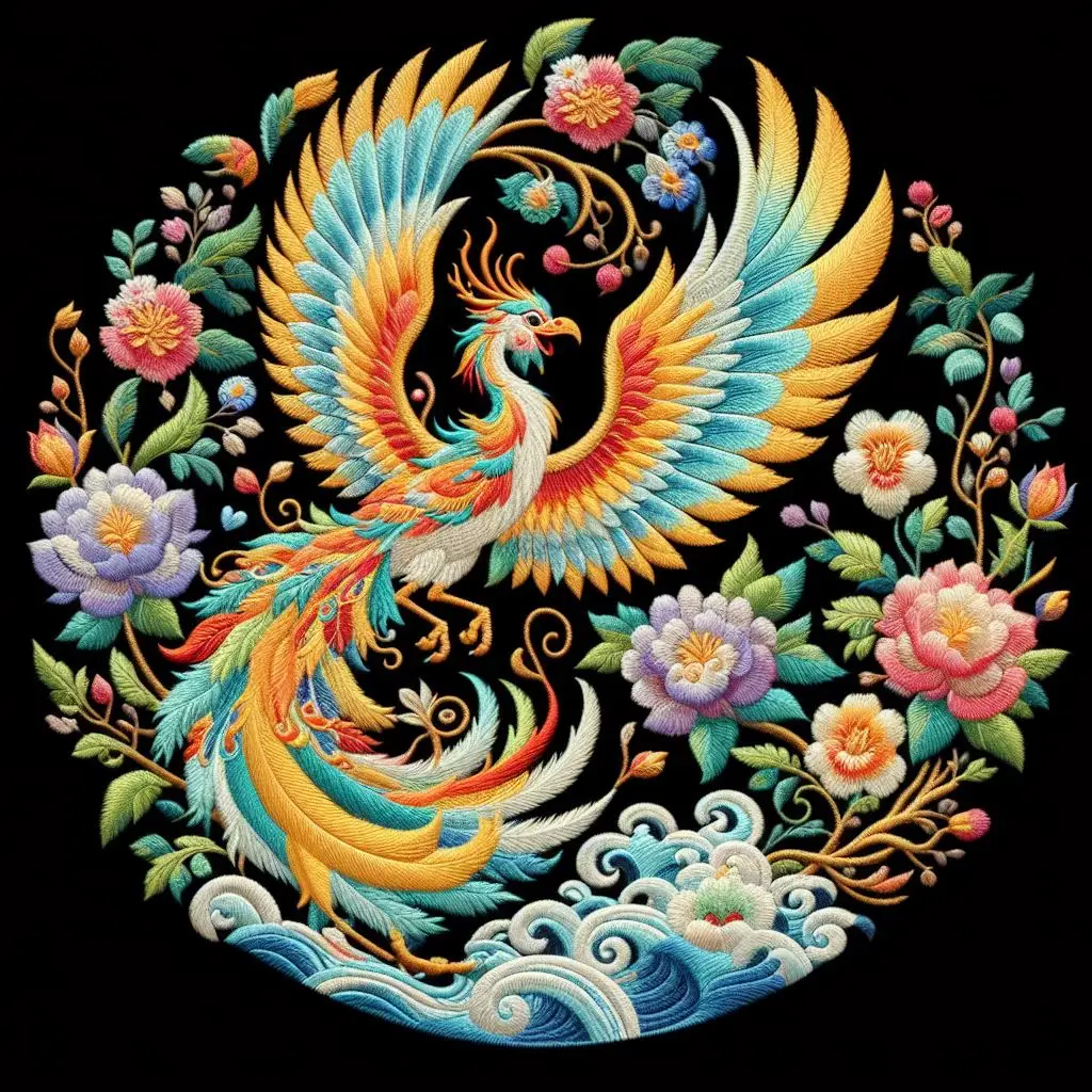 玄色布上的中国凤凰刺绣