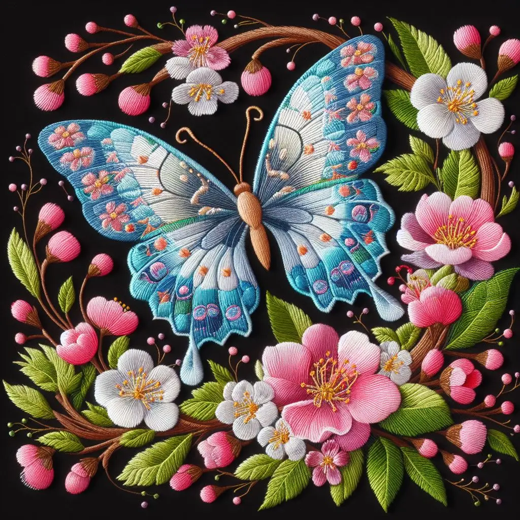 黑色布绣着樱花中飞舞着一只蝴蝶的刺绣